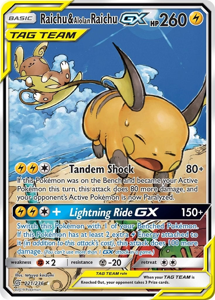Image for Raichu & Alolan Raichu GX (Alternate Full Art) (221/236) (SM - Unified Minds) - Pokemon