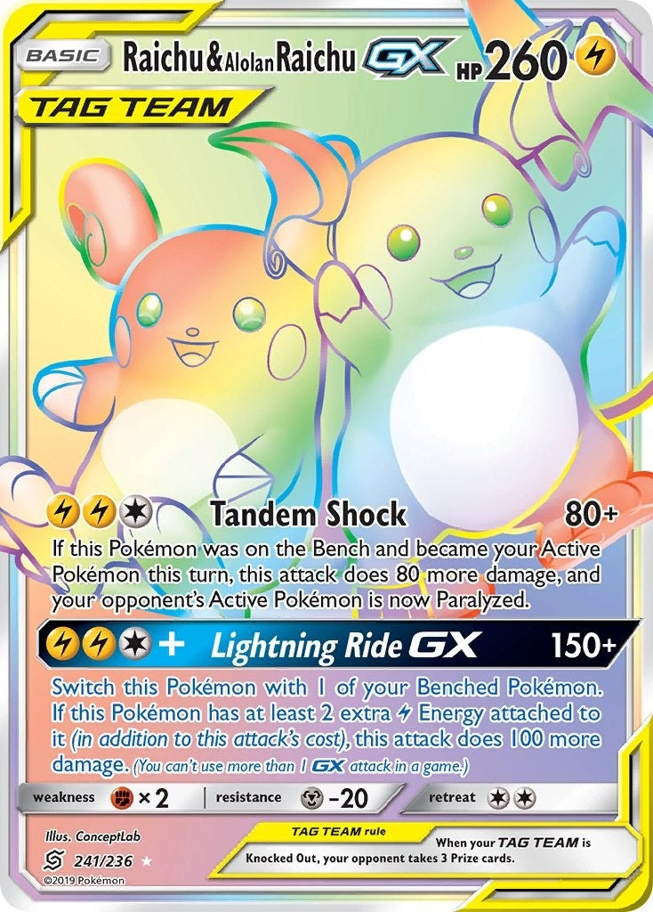 Image for Raichu & Alolan Raichu GX (Secret) (241/236) (SM - Unified Minds) - Pokemon