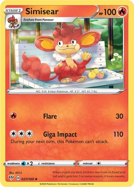 Image for Simisear (027/189) (SWSH03: Darkness Ablaze) - Pokemon