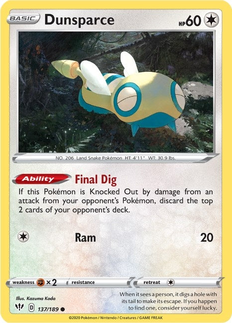 Image for Dunsparce (137/189) (SWSH03: Darkness Ablaze) - Pokemon