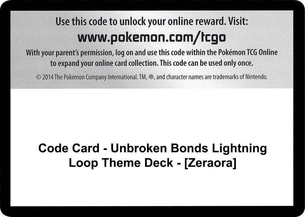 Image for Code Card - Unbroken Bonds Lightning Loop Theme Deck - [Zeraora] (SM - Unbroken Bonds) - Pokemon