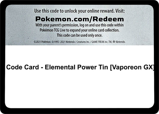 Image for Code Card - Elemental Power Tin [Vaporeon GX] (Miscellaneous Cards & Products) - Pokemon