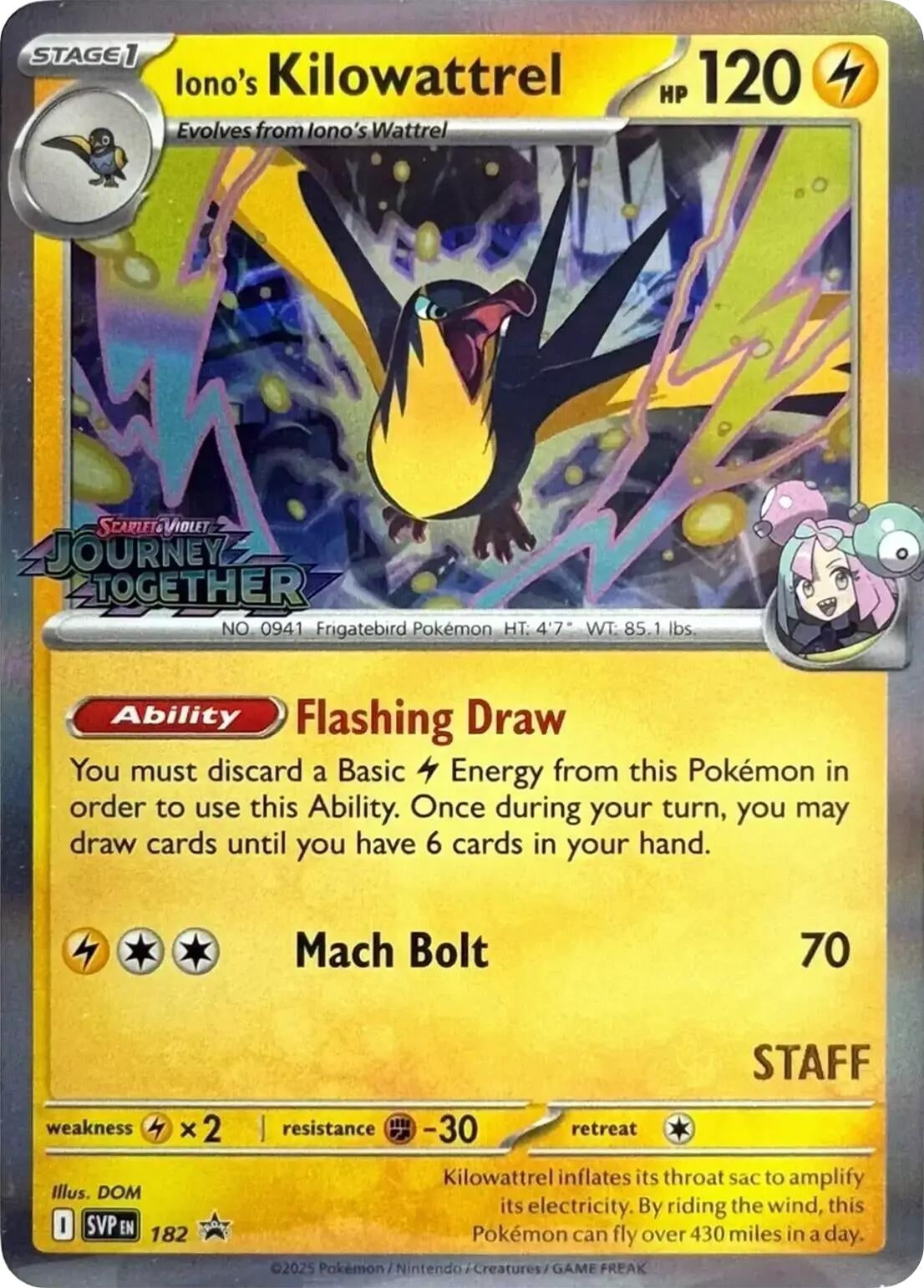Image for Iono's Kilowattrel - 182 (Prerelease) [Staff] (182) (SV: Scarlet & Violet Promo Cards) - Pokemon