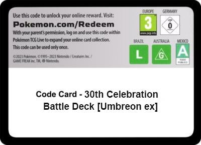 Image for Code Card - 30th Celebration Battle Deck [Umbreon ex] (ME: 30th Celebration) (30C) - Pokemon