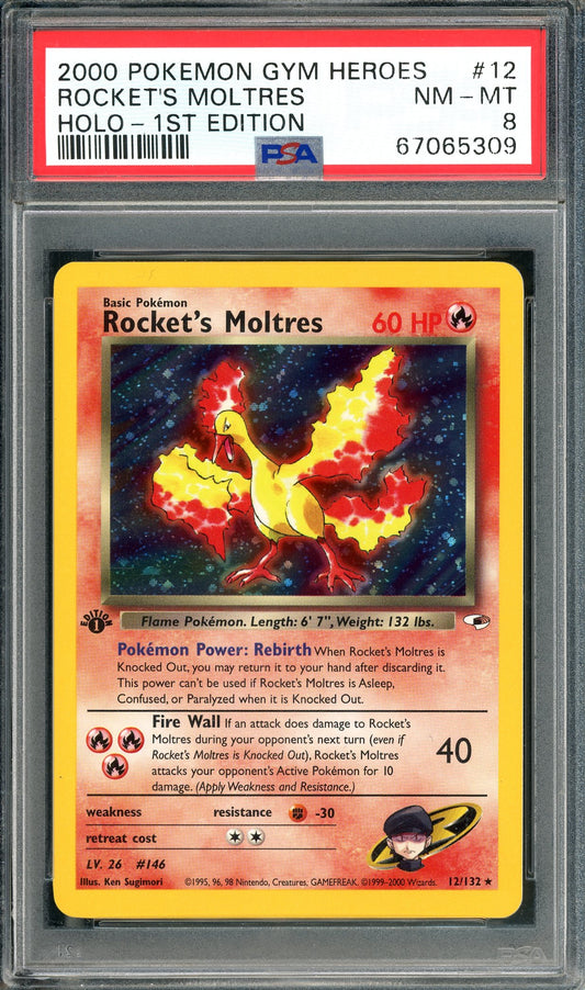PSA 8 Rocket's Moltres Holo (12/132) [1st Edition Gym Heroes]