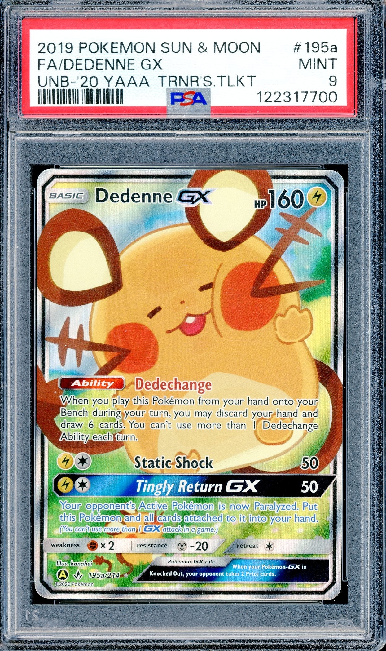 PSA 9 Dedenne GX (195a/214) [Pokemon Sun & Moon Unbroken Bonds]