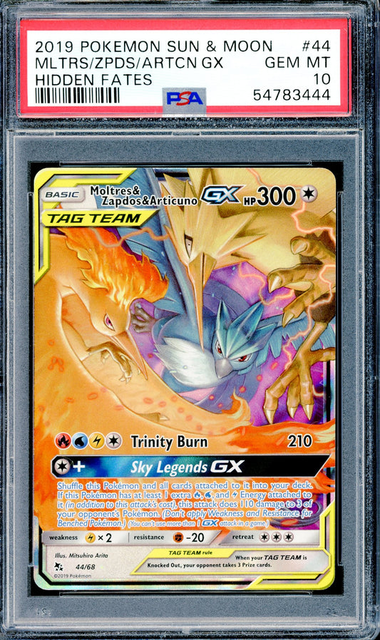 PSA 10 Moltres & Zapdos & Articuno GX (44/68) [Pokemon Sun & Moon Hidden Fates]