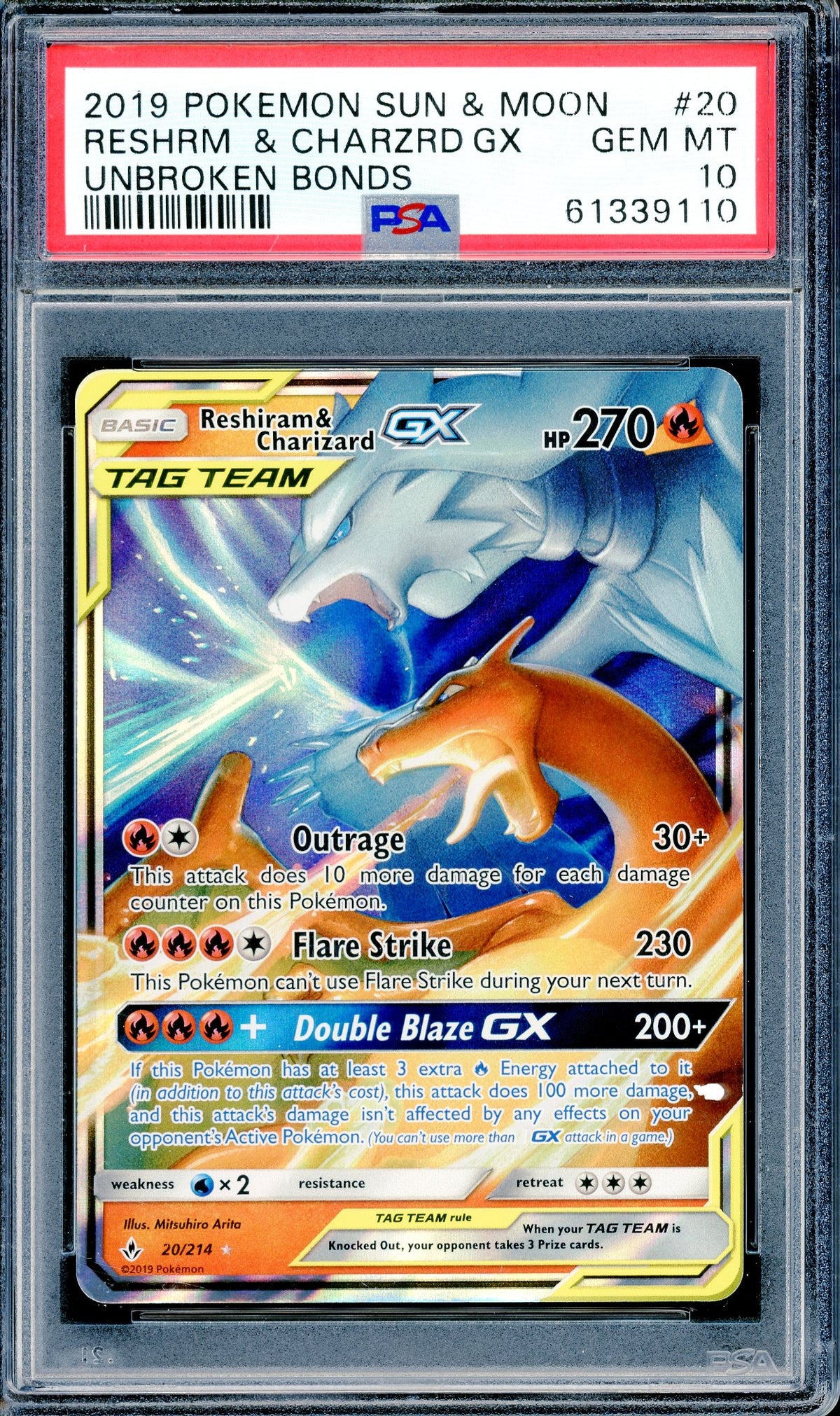 PSA 10 Reshrm. & Charizard GX (20/214) [Unbroken Bonds]