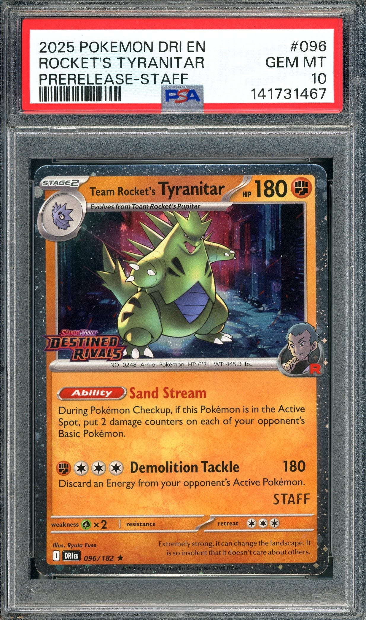 PSA 10 Rocket's Tyranitar Staff (096/182) [Pokemon - Prerelease Staff Destined Rivals]