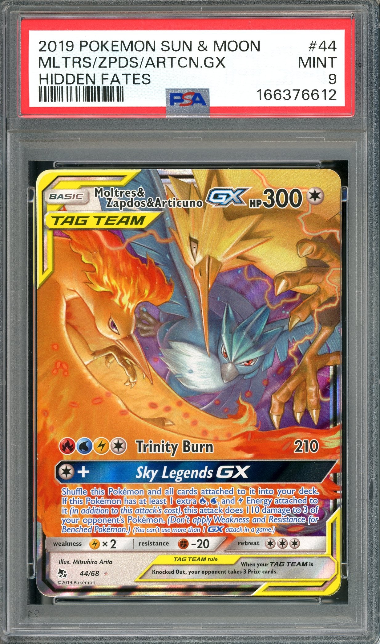 PSA 9 Moltres & Zaptos & Articuno GX (44/68) [Pokemon Hidden Fates]