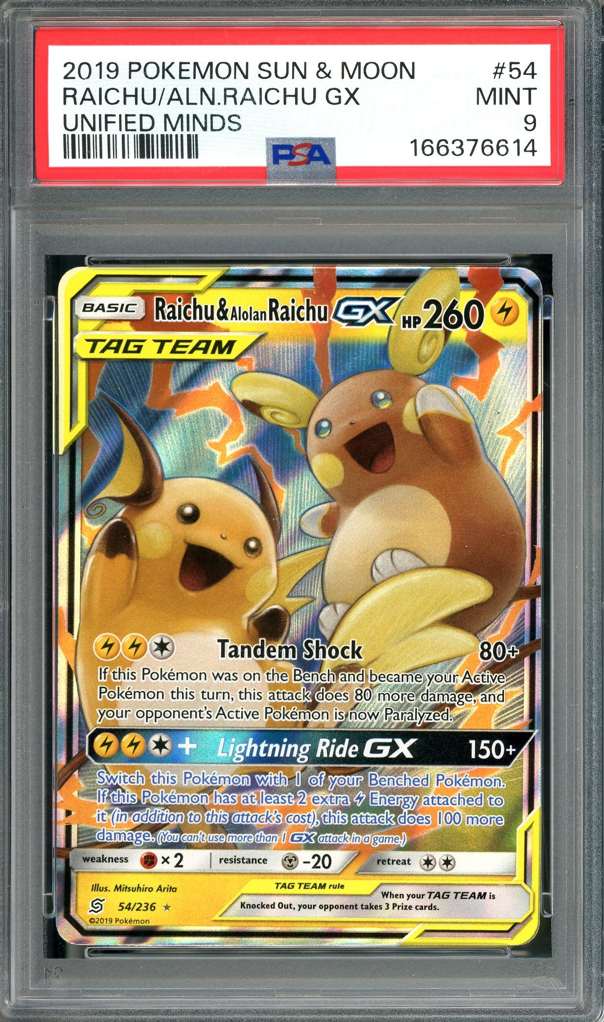 PSA 9 Riachu & Alolan Raichu GX (54/236) [Pokemon Unified Minds]