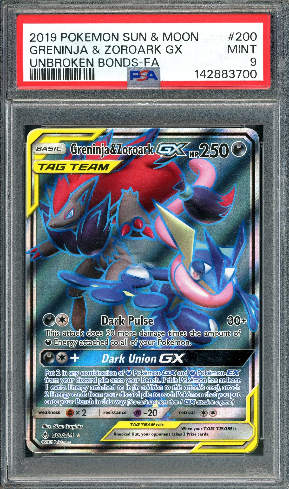 PSA 9 Greninja & Zoroark GX (200/214) [Pokemon Sun & Moon: Unbroken Bonds]