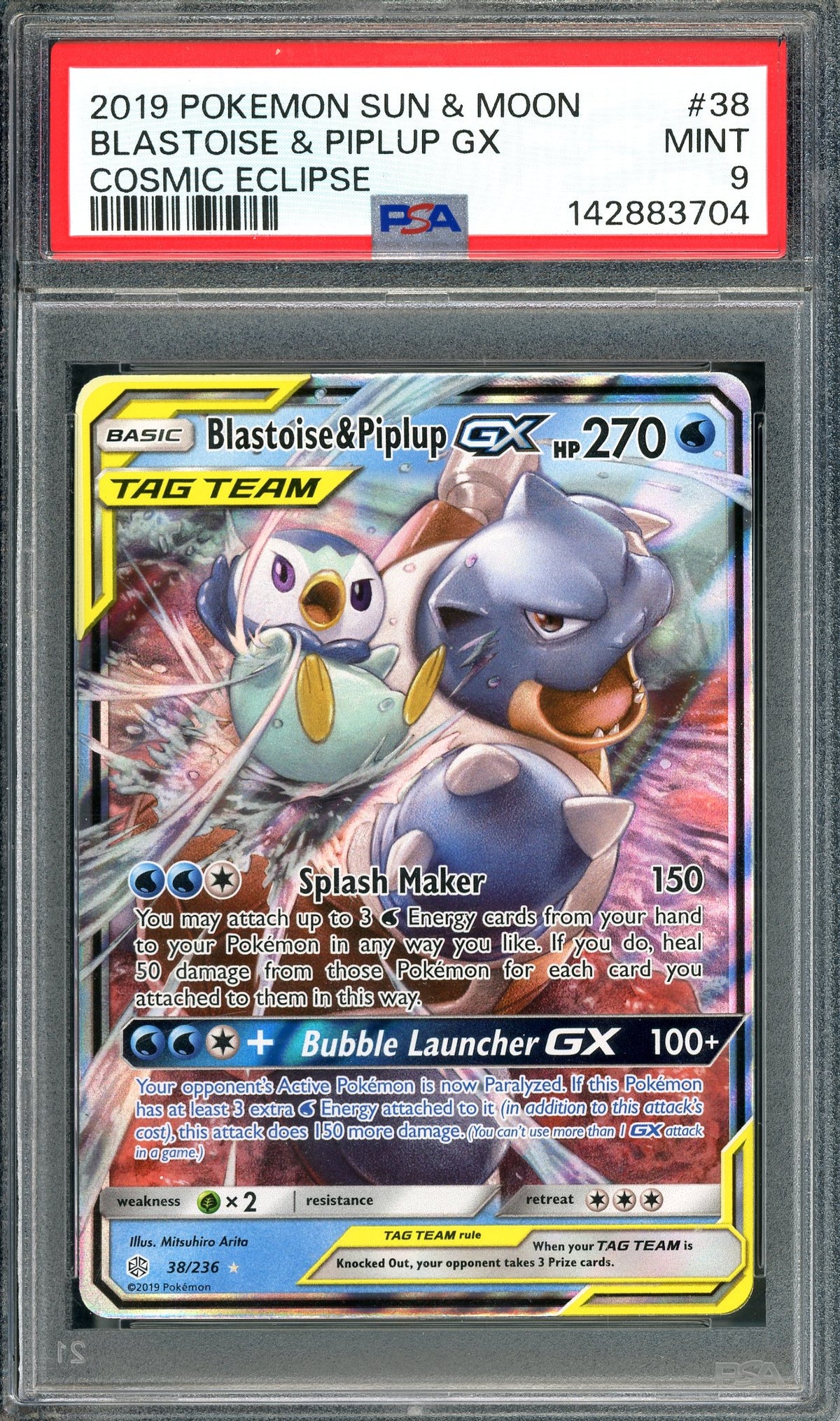 PSA 9 Blastoise & Piplup GX (38/236) [Pokemon Sun & Moon: Cosmic Eclipse]
