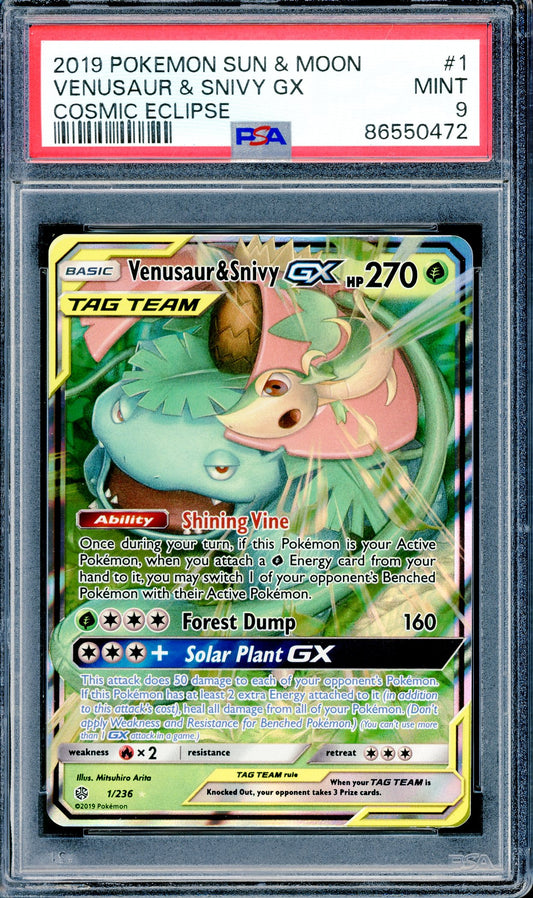 PSA 9 Venusaur & Snivy GX (1/236) [Cosmic Eclipse]