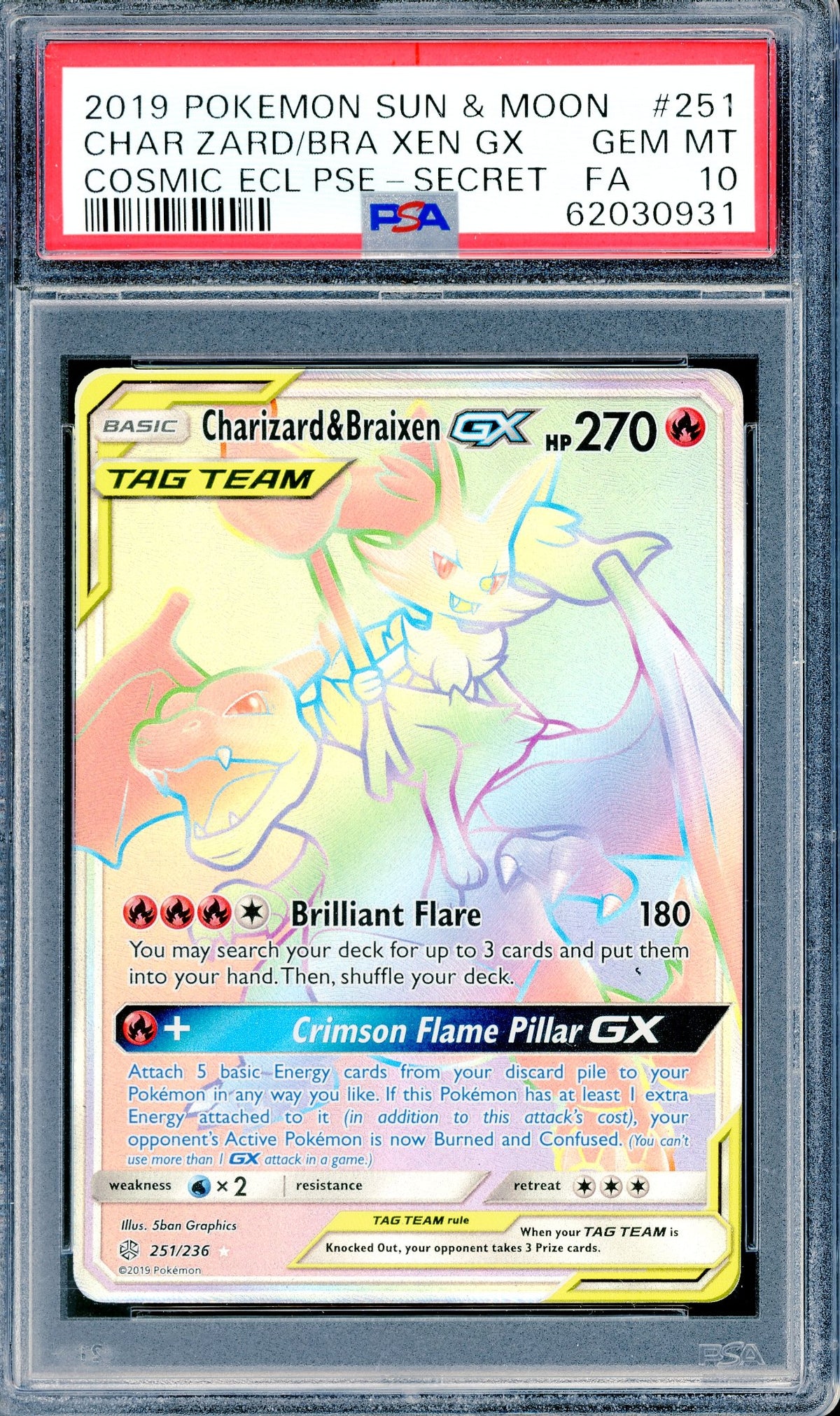 PSA 10 Charizard & Braixen GX (251/236) [Cosmic Eclipse]