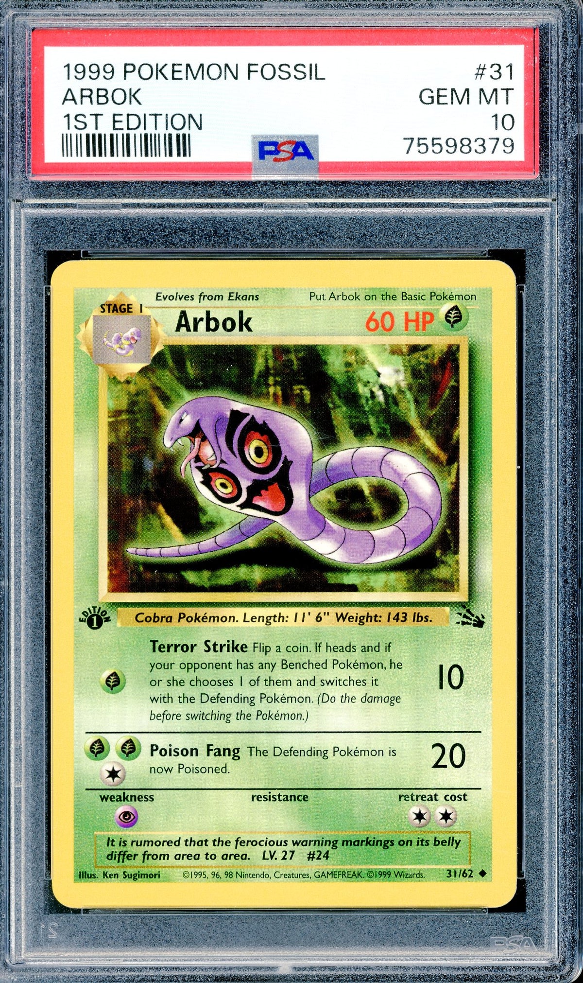 PSA 10 Arbok (31/162) [Pokemon Fossil 1st Edition]