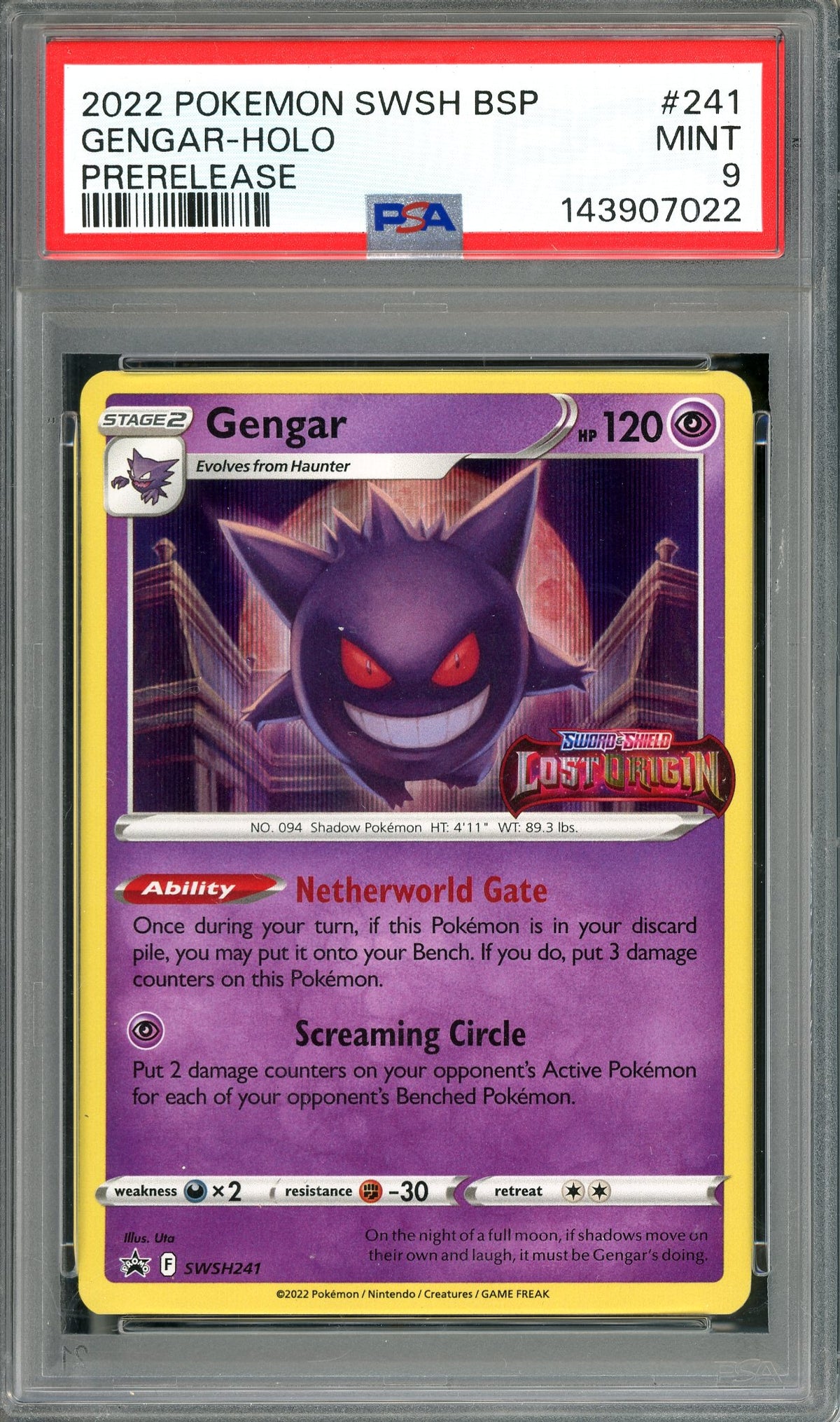 PSA 9 Gengar Holo (SWSHH241) [Pokemon Lost Origin Stamped Prerelease Promo]