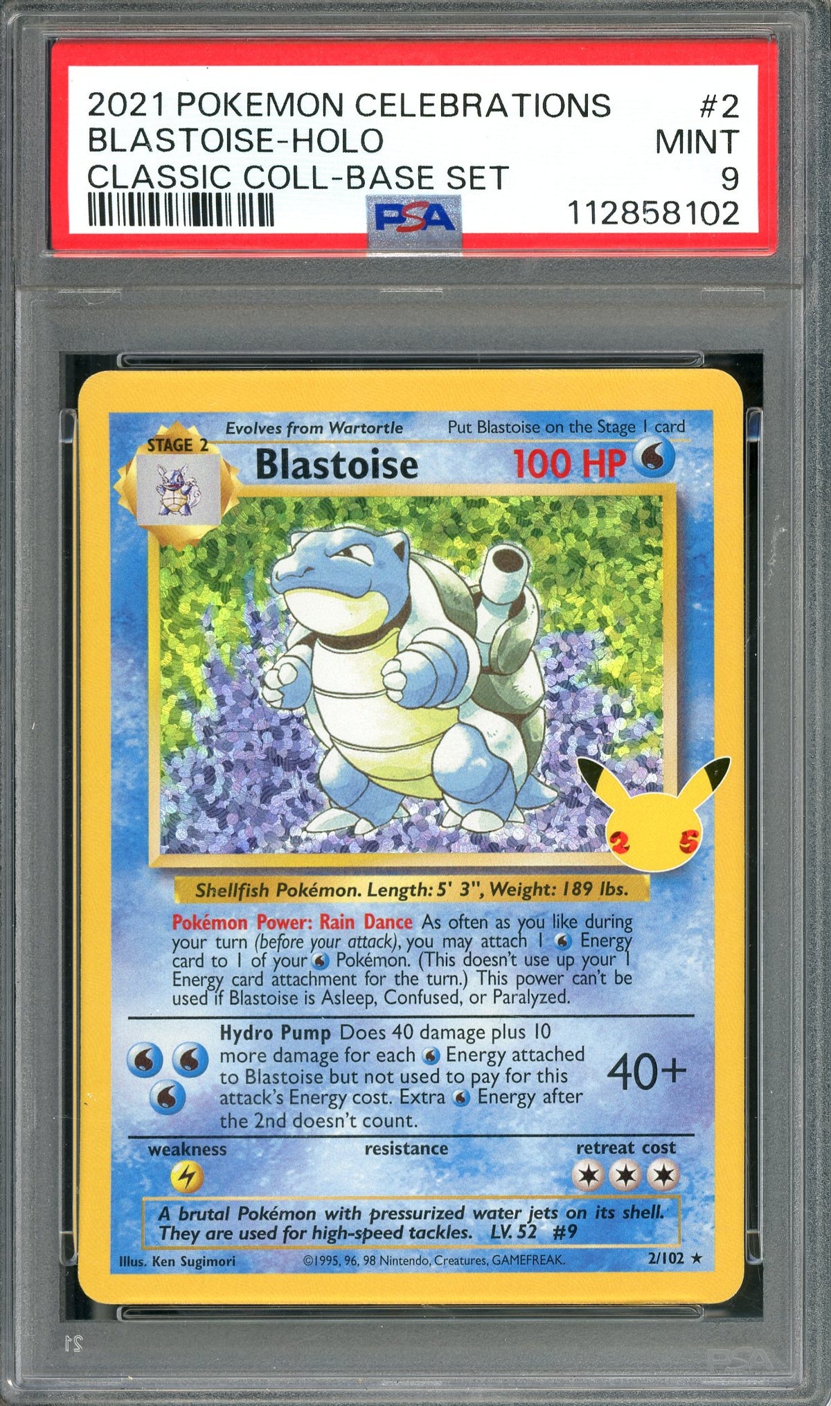 PSA 9 Blastoise Holo (2/102) [Pokemon 25th Celebrations Classic Collection]