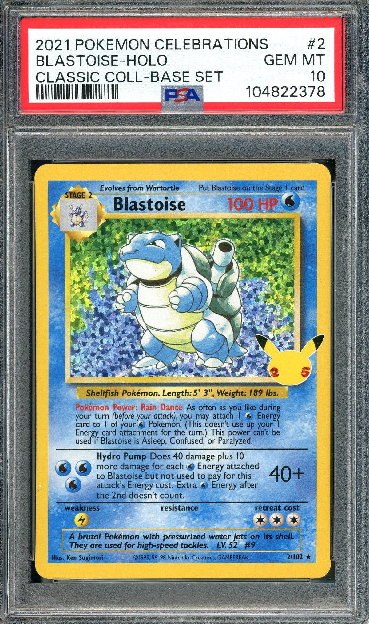 PSA 10 Blastoise Holo (2/102) [Pokemon 25th Celebrations Classic Collection]