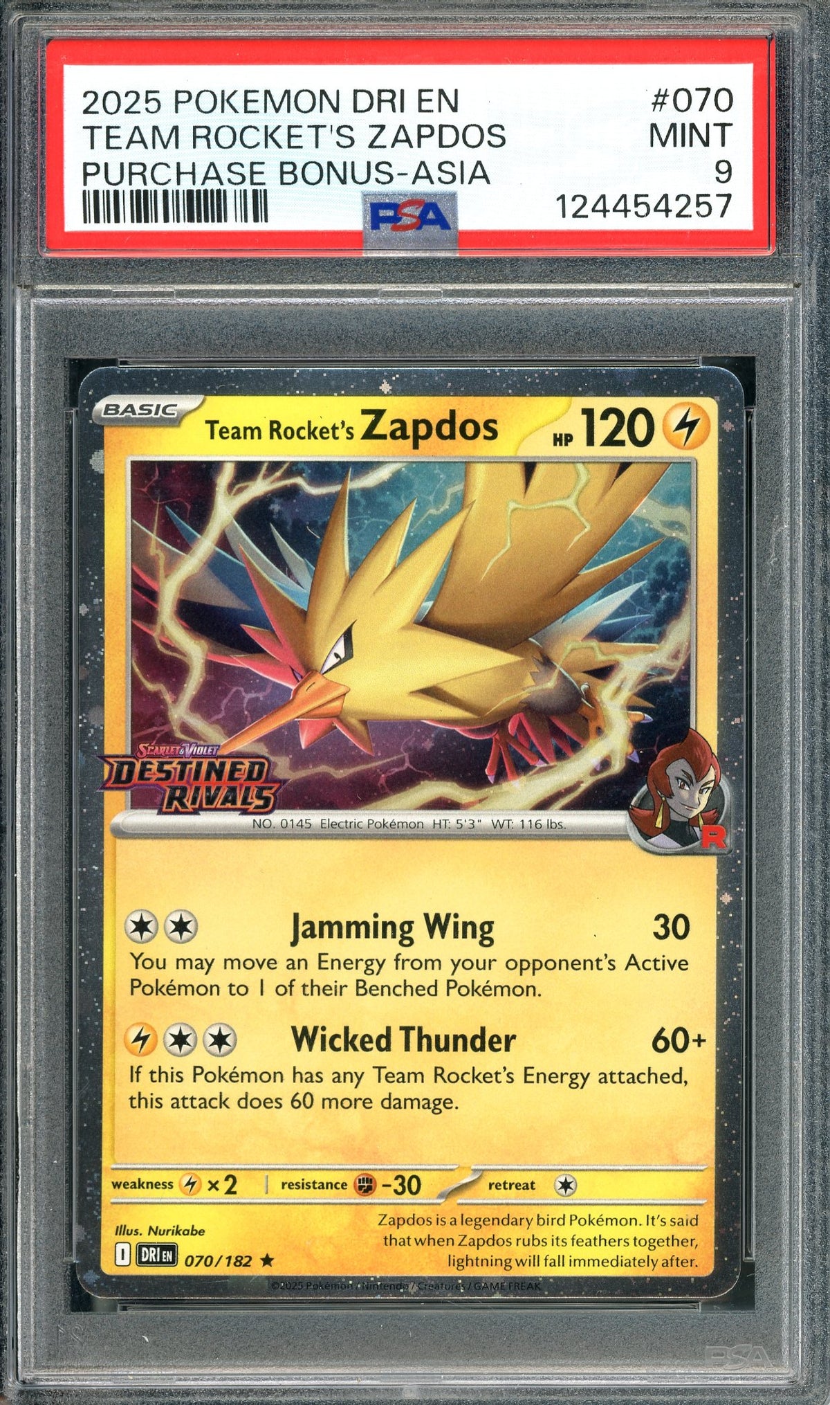 PSA 9 Team Rocket's Zapdos (070/182) [Pokemon Destined Rivals Purchase Bonus Asia]
