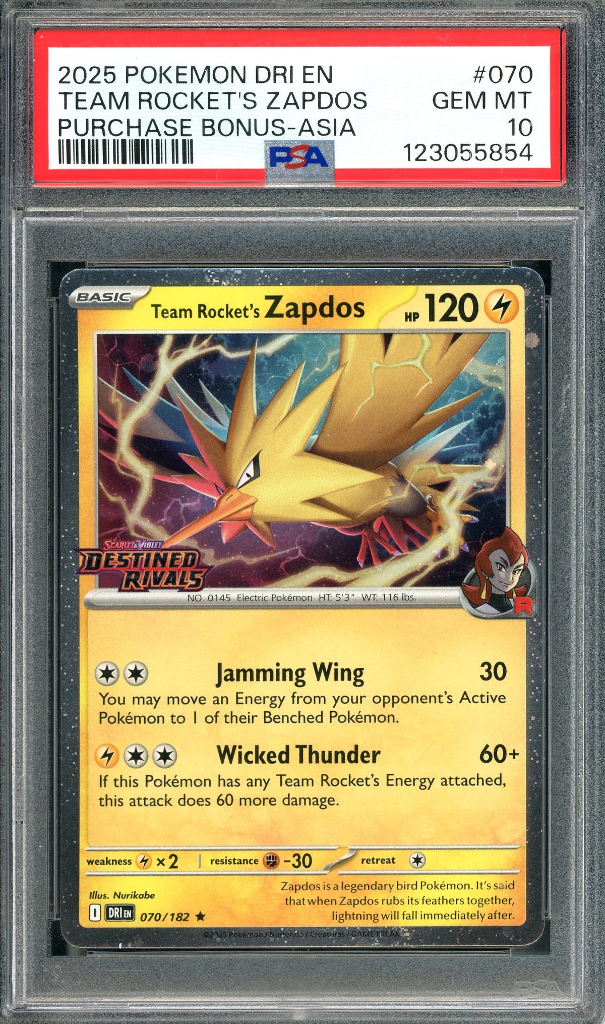 PSA 10 Team Rocket's Zapdos (070/182) [Pokemon Destined Rivals Purchase Bonus Asia]