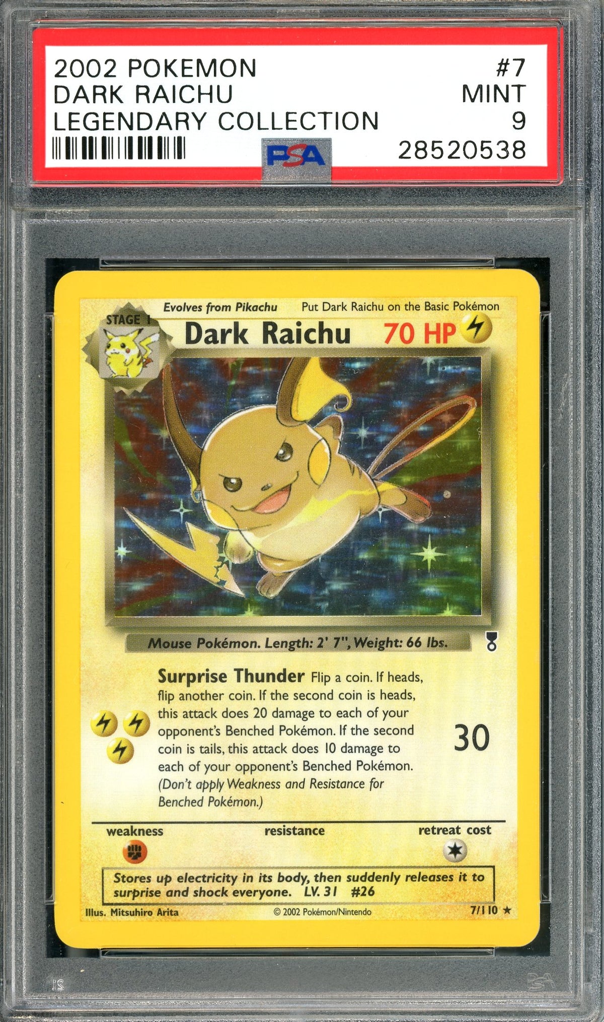 PSA 9 Dark Raichu (7/110) Holo [Pokemon: Legendary Collection] - Label Error