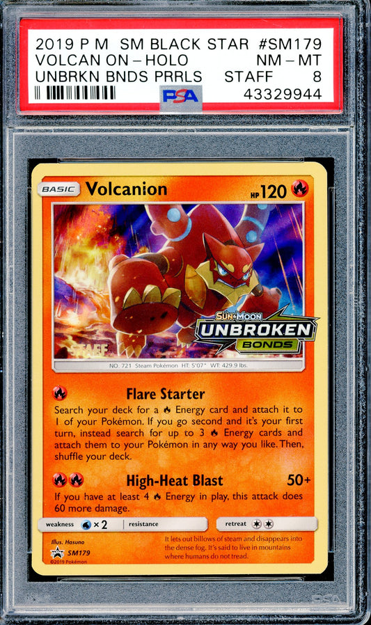 PSA 8 Volcanion - Holo (SM179){Unbroken Bonds Pre-release Staff]