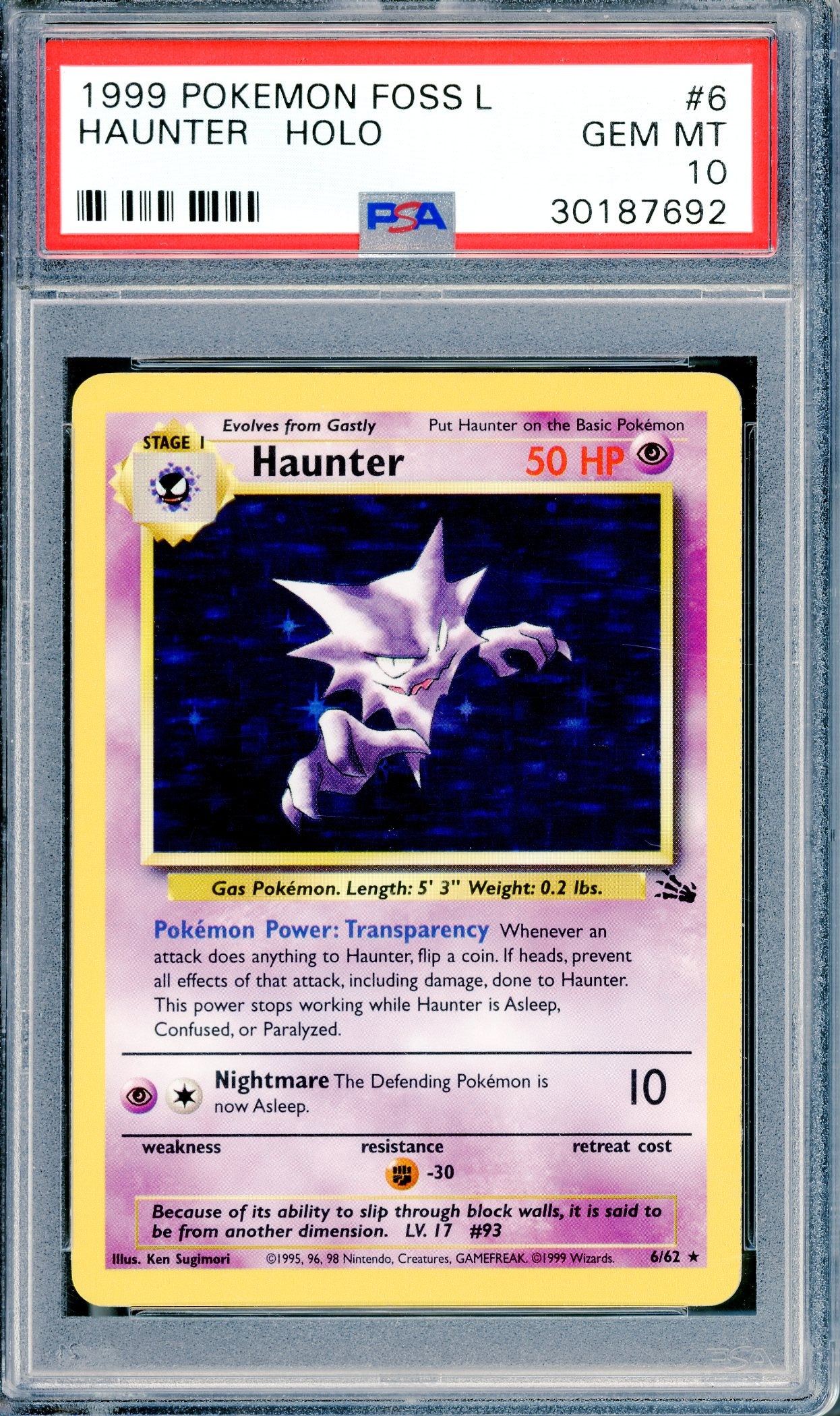 PSA 10 Haunter Holofoil (6/62) [Fossil]